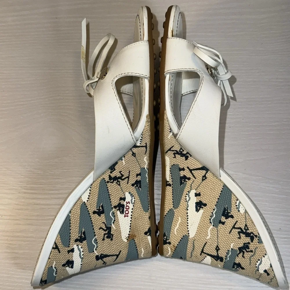 Tod's White Ribbon Wedge Wakeboard Pattern Espadrille Sandal Heel Shoes